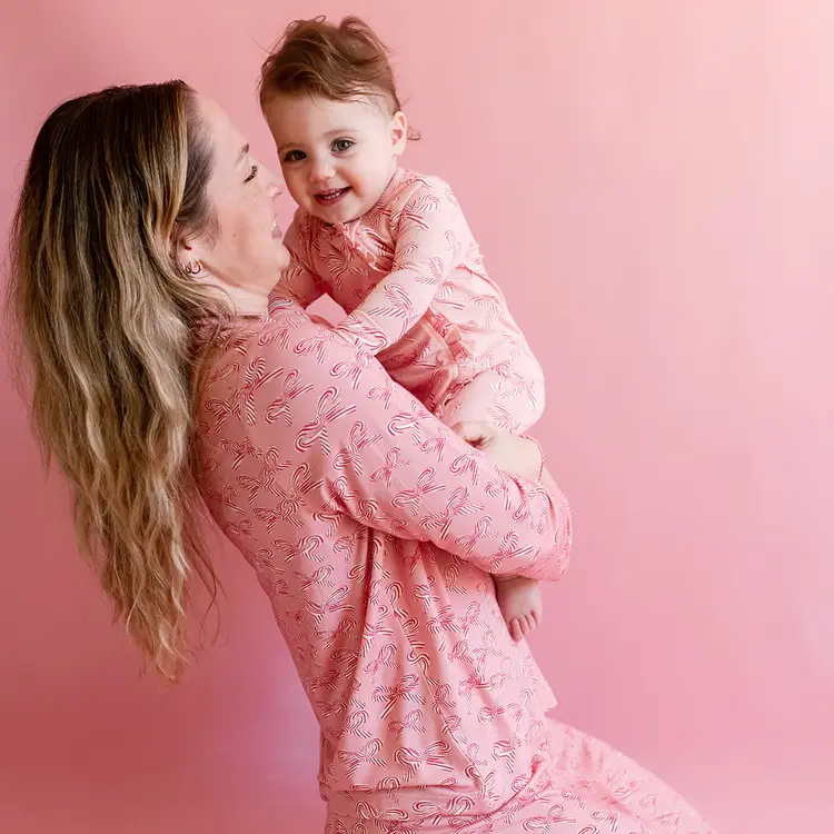 Pink Chicken Baby Ruffle Bamboo Romper- Candy Cane Bows