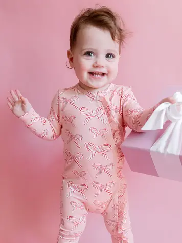 Pink Chicken Baby Ruffle Bamboo Romper- Candy Cane Bows