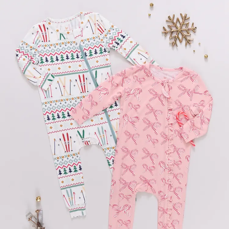 Pink Chicken Baby Ruffle Bamboo Romper- Candy Cane Bows