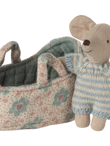 Maileg Baby mouse in carry cot - Blue