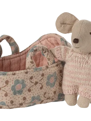 Maileg Baby mouse in carry cot - Rose