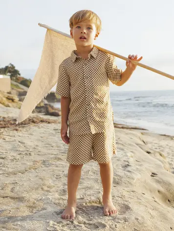 Rylee + Cru Collared Short Sleeve Shirt Ocre Check