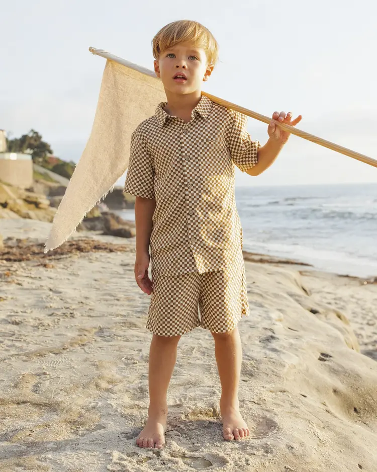Rylee + Cru Collared Short Sleeve Shirt Ocre Check