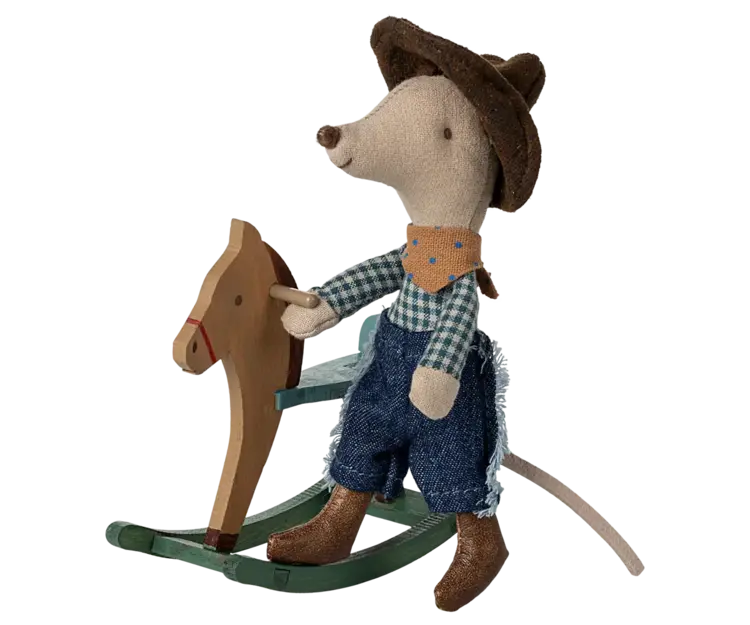 Maileg Cowboy mouse on rocking horse, Little brother