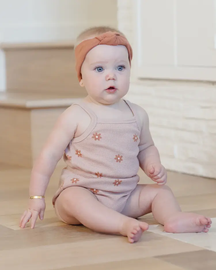 Quincy Mae Waffle Cinch Romper Pink Daisy