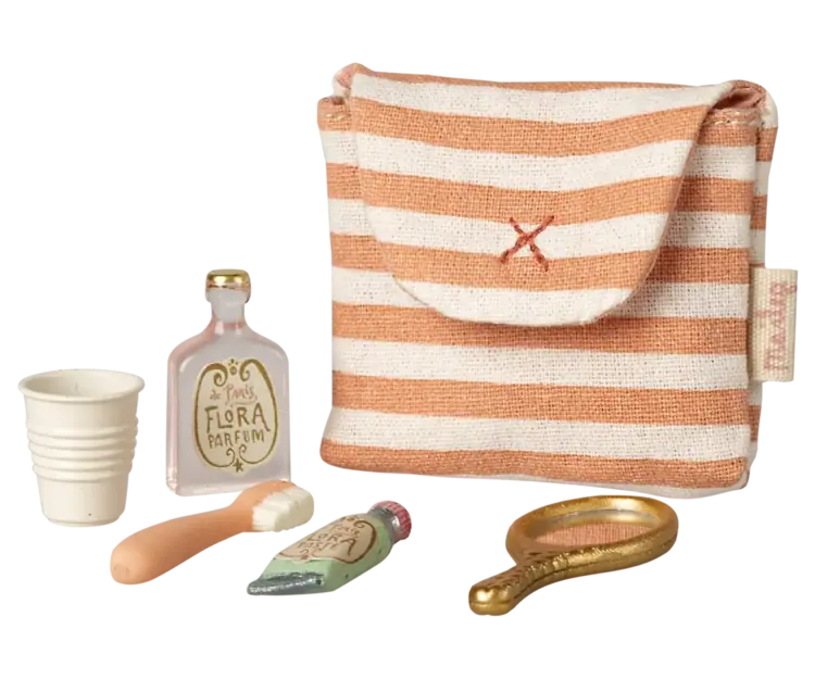 Maileg Toothbrush Set in Bag, Mouse - CORAL STRIPE