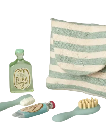Maileg Toothbrush Set in Bag, Mouse - BLUE STRIPE