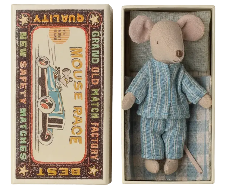 Maileg Big Brother Mouse in Matchbox - BLUE CHECK PILLOW