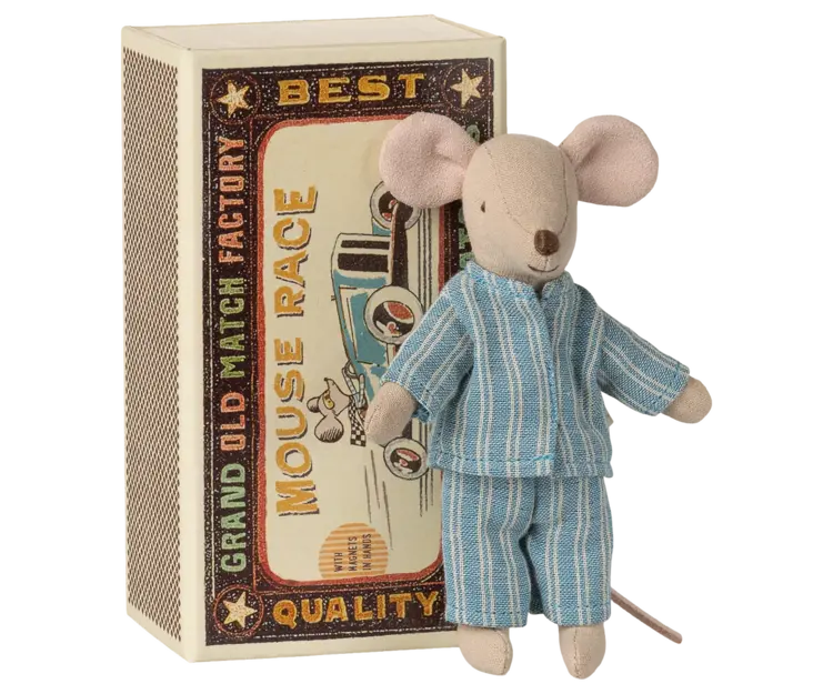 Maileg Big Brother Mouse in Matchbox - BLUE CHECK PILLOW