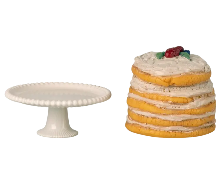 Maileg Party Cake and Cake Stand, Mouse - OFF WHITE