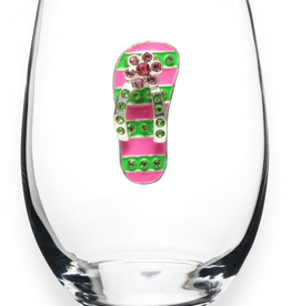 THE QUEENS' JEWELS Flip Flop Pink & Green Striped Stemless Wine Glass