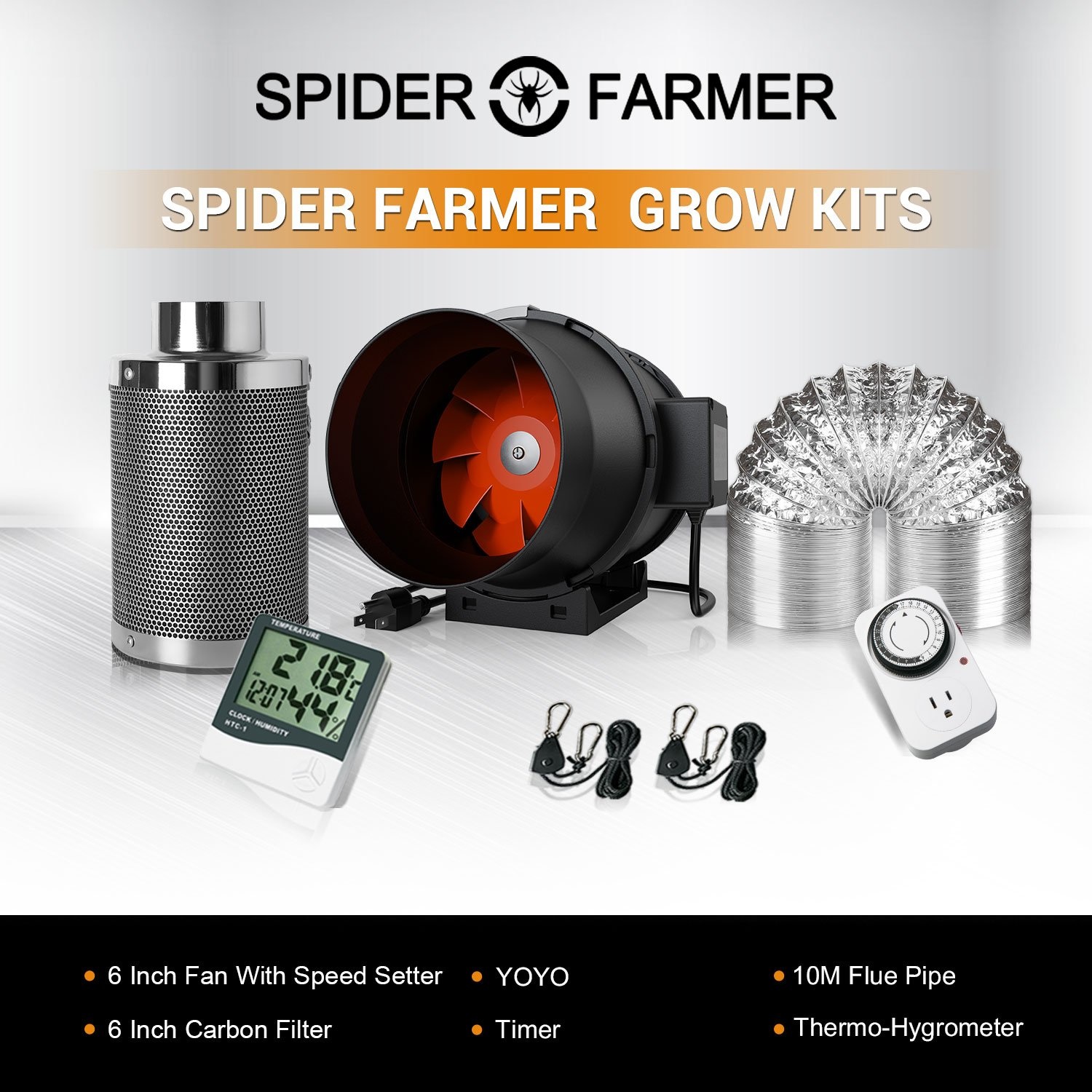 Spider Farmer Spider Farmer - Grow Kits-6 Inch Inline Fan Air Carbon Filter 8 Feet Ducting Ventilation Combo
