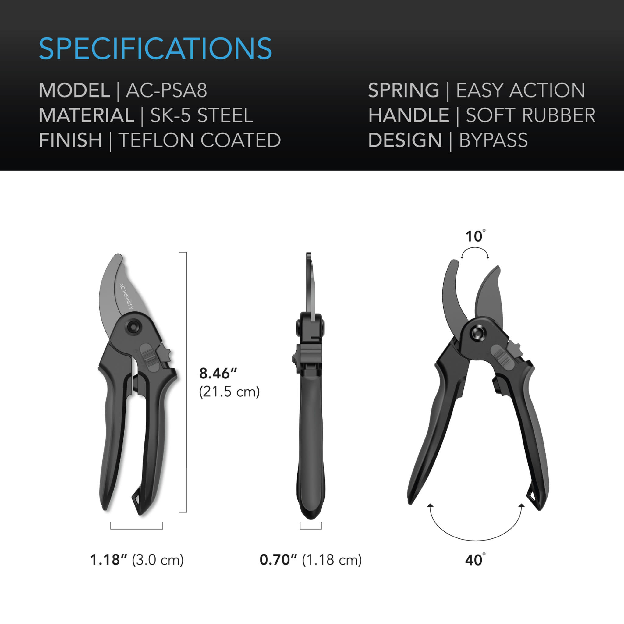 AC Infinity Stainless Steel Pruning Shear, 8" Bypass Blades #AC-PSA8