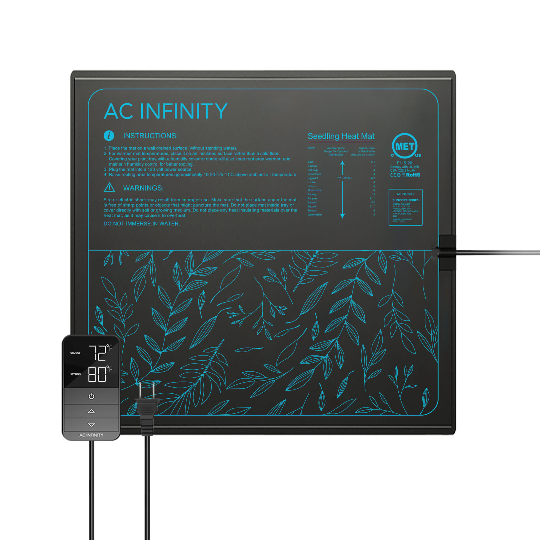 AC Infinity AC Infinity - SUNCORE, Seedling Heat Mat with Heat Controller, IP-67 Waterproof -