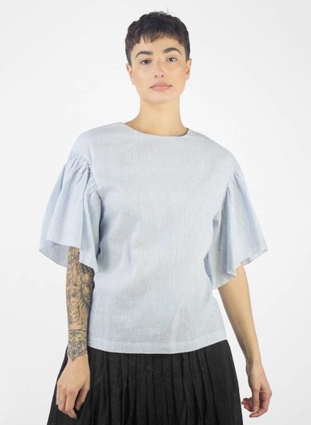 Pomandere Flutter Sleeve Top Blue Stripe