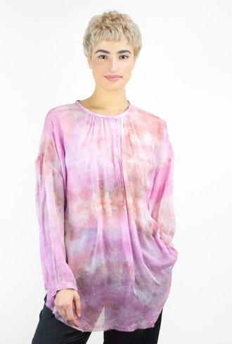 Raquel Allegra Tie Dye Chiffon Shirred Tunic Fuschia