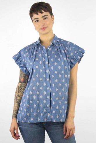 Trovata Marianne Ruffle Sleeve Shirt Blue Print