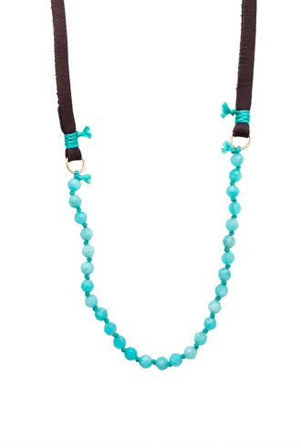 Renee Garvey Russian Amazonite, Silk, 14K Gold, Antler, and Leather Necklace