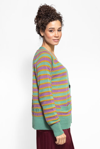 Raquel Allegra Raglan Cardigan Sweater Violet Jade Stripe