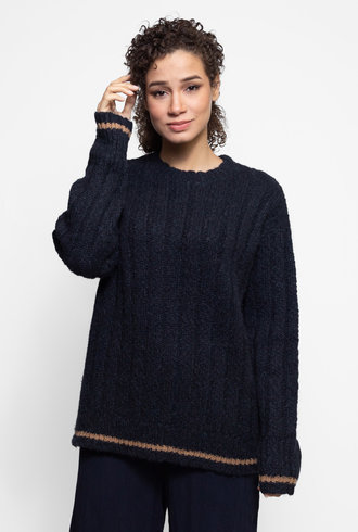 Raquel Allegra Collegiate Crew Sweater Midnight Tan Stripe