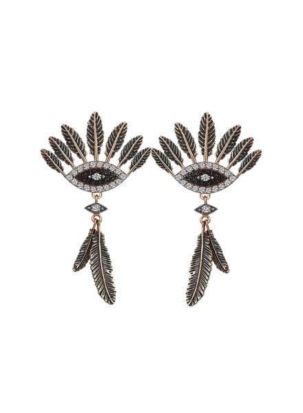 KISMET by Milka Eye and Feather Post Earrings with White Diamonds