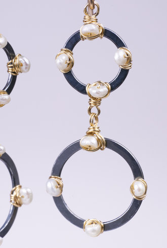 Dana Kellin Fashion Silver and Gold Pearl Hoop Earrings