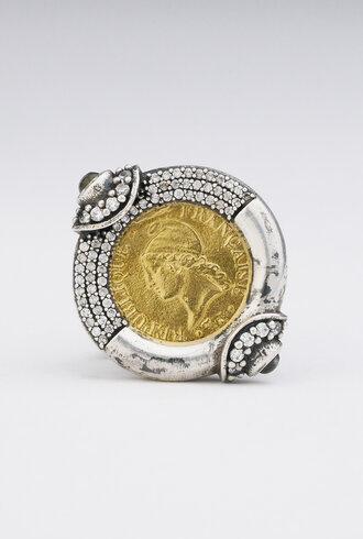TAT2 Vintage Silver Frame Gold Coin Ring