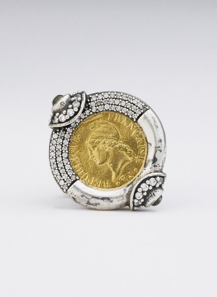 TAT2 Vintage Silver Frame Gold Coin Ring