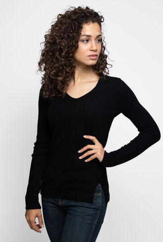 Inhabit Cashmere Stretch Side Slit V-Neck Black