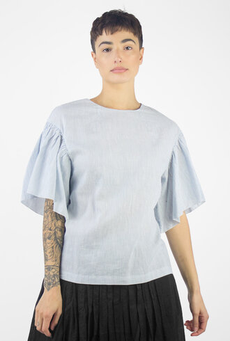Pomandere Flutter Sleeve Top Blue Stripe