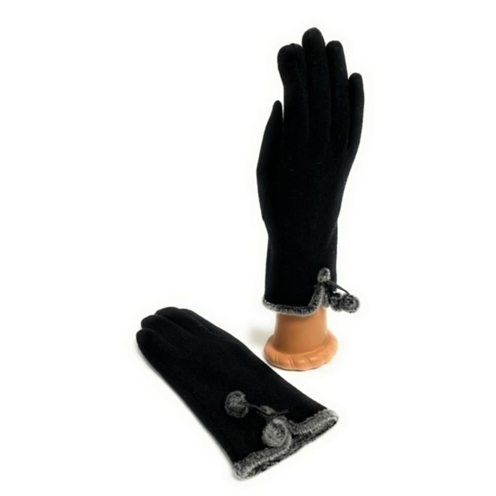 Wool Glove with Pom Pom in Black