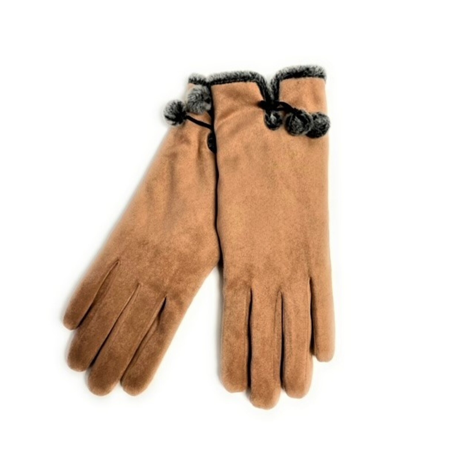 Suede Glove with Pom Pom in Camel
