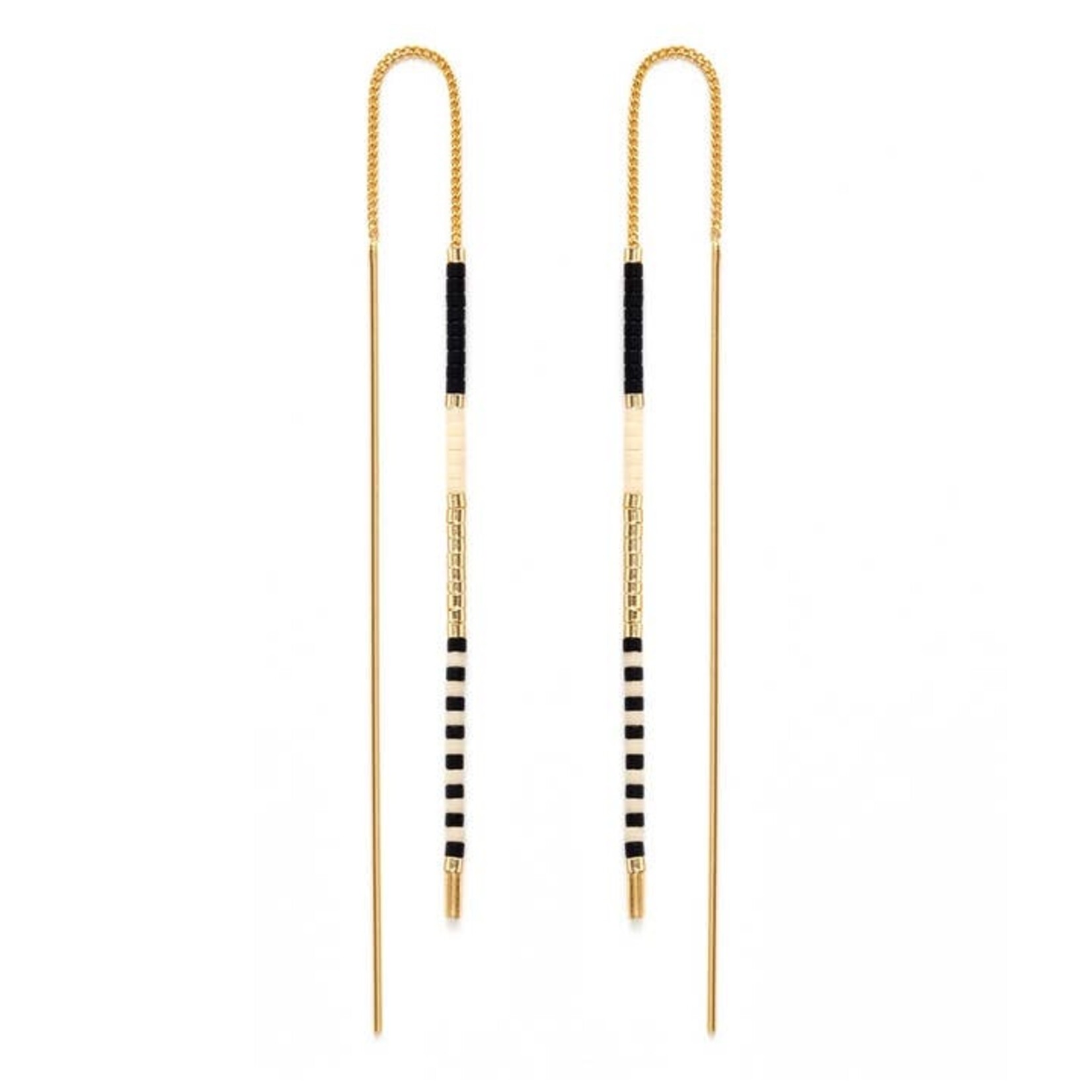 Miyuki Seed Bead Threader Earrings in Black & Bone