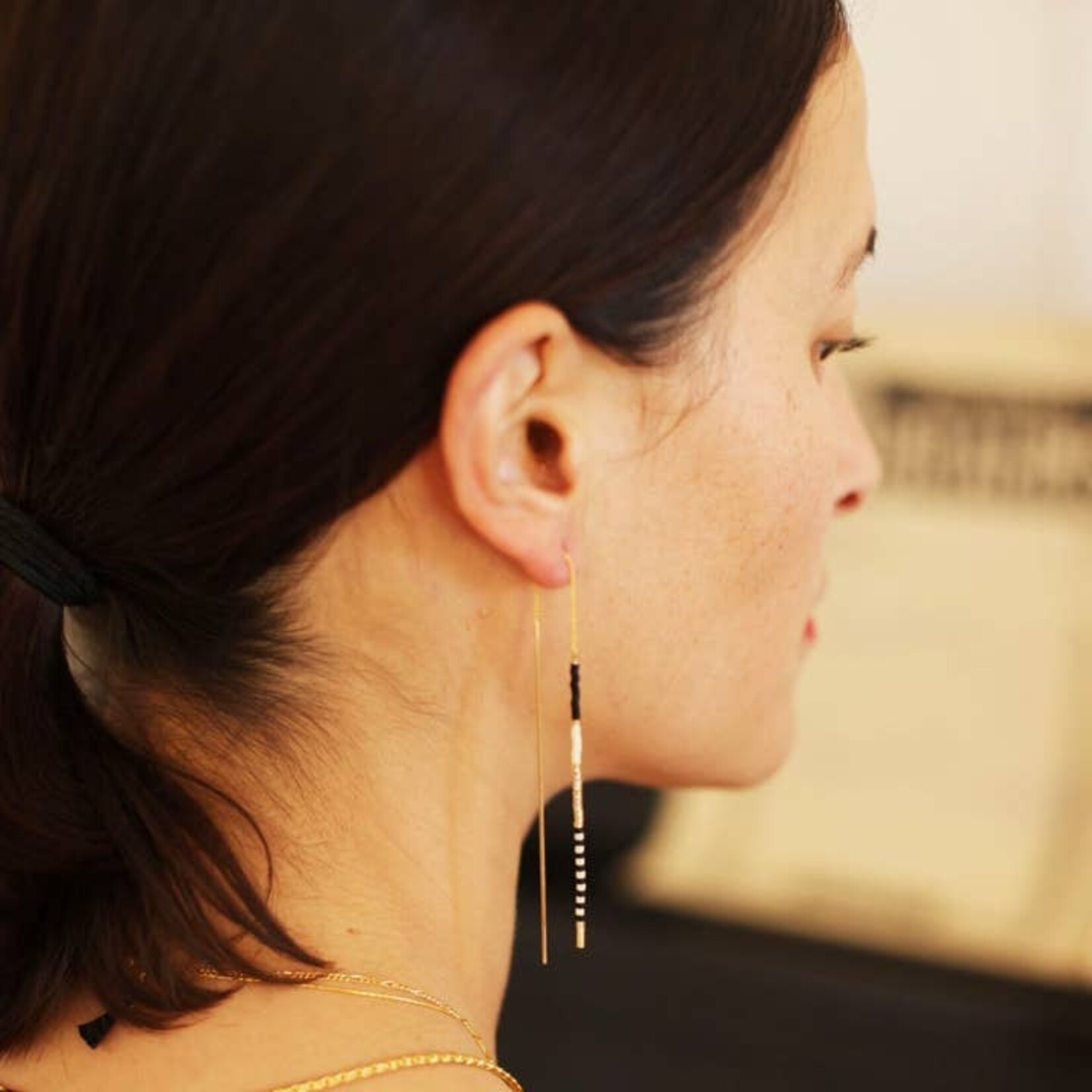 Miyuki Seed Bead Threader Earrings in Black & Bone