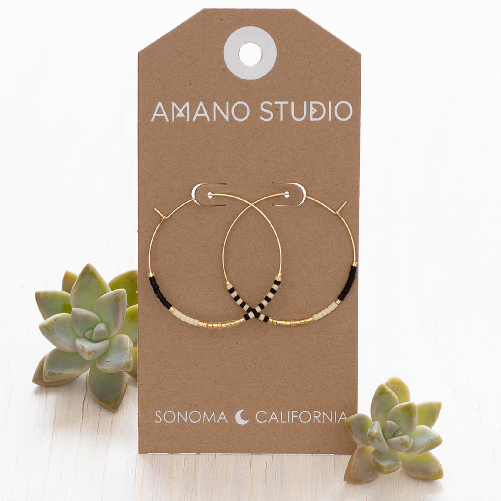 A Mano Japanese Seed Bead Hoops in Black and Bone
