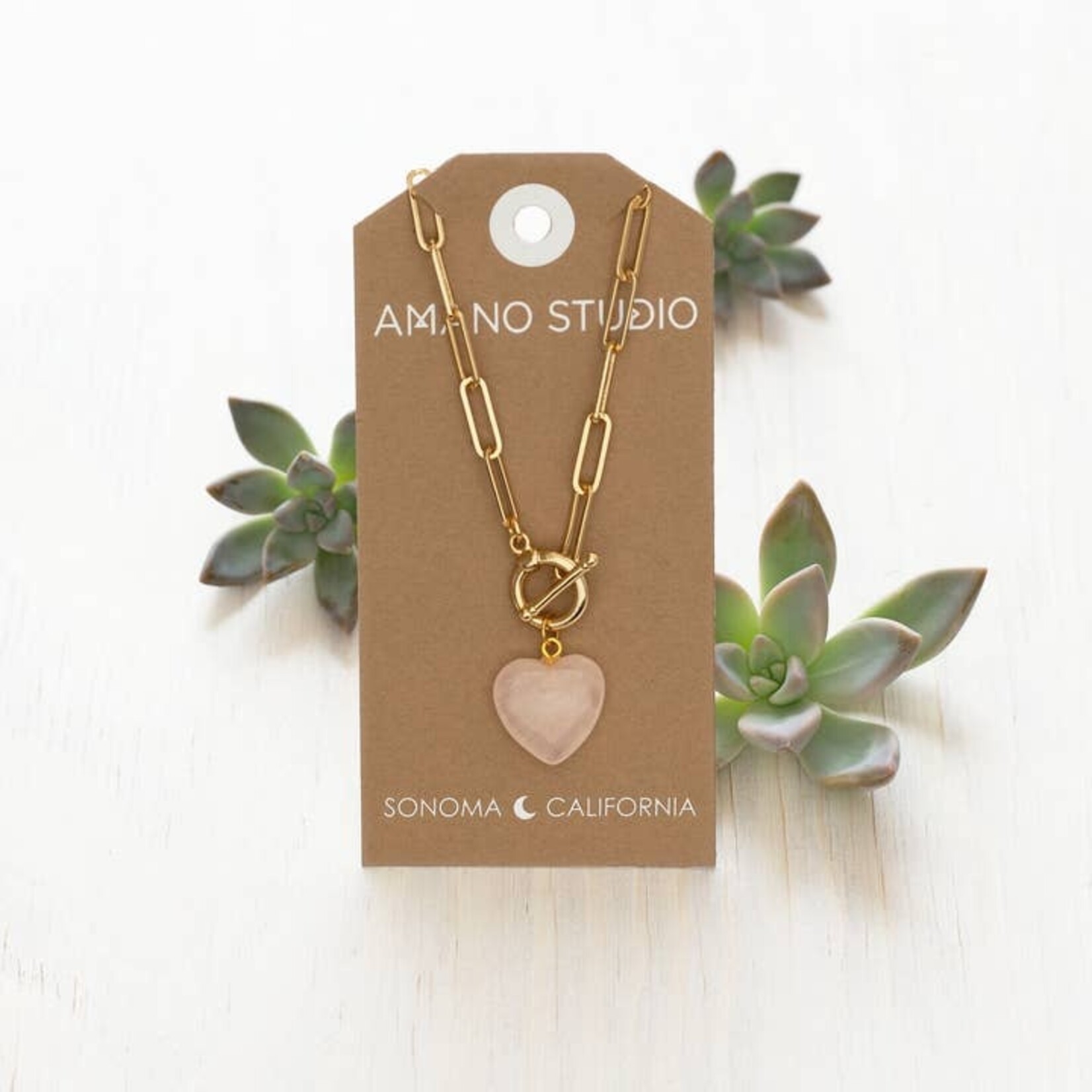 A Mano Rose Quartz Roxy Chain Heart Toggle Clasp Necklace