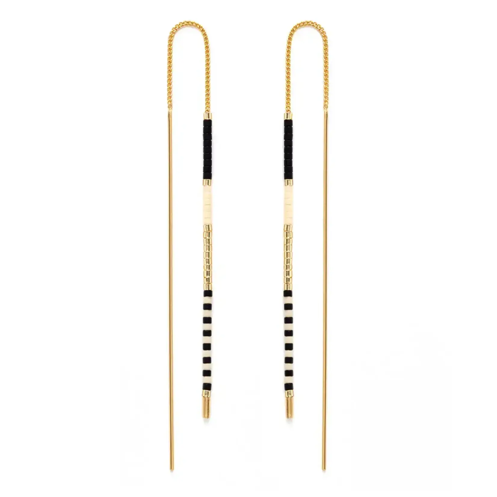 A Mano Miyuki Seed Bead Threader Earrings in Black & Bone