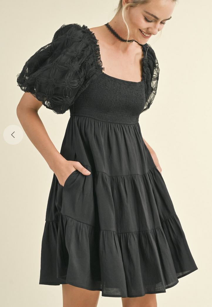Bubbly Personality" Floral Mesh Bubble Sleeve Tiered Mini Dress - Virtue  Boutique