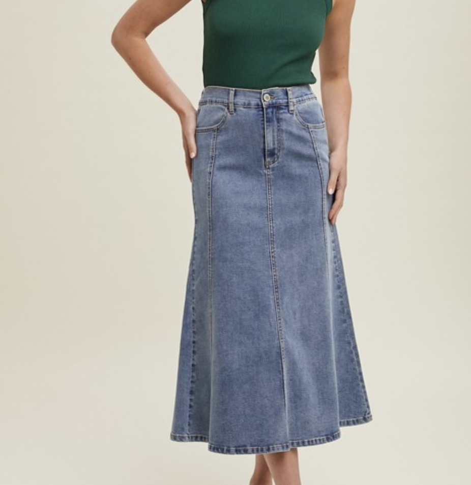 Take Flare" Midi Denim Skirt - Virtue Boutique