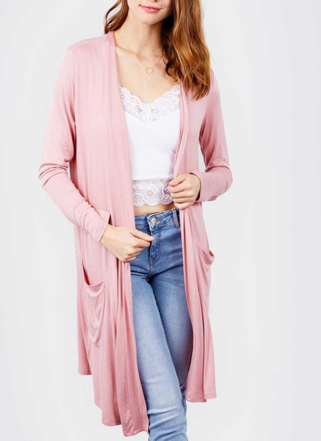 long pink cardigan with pockets