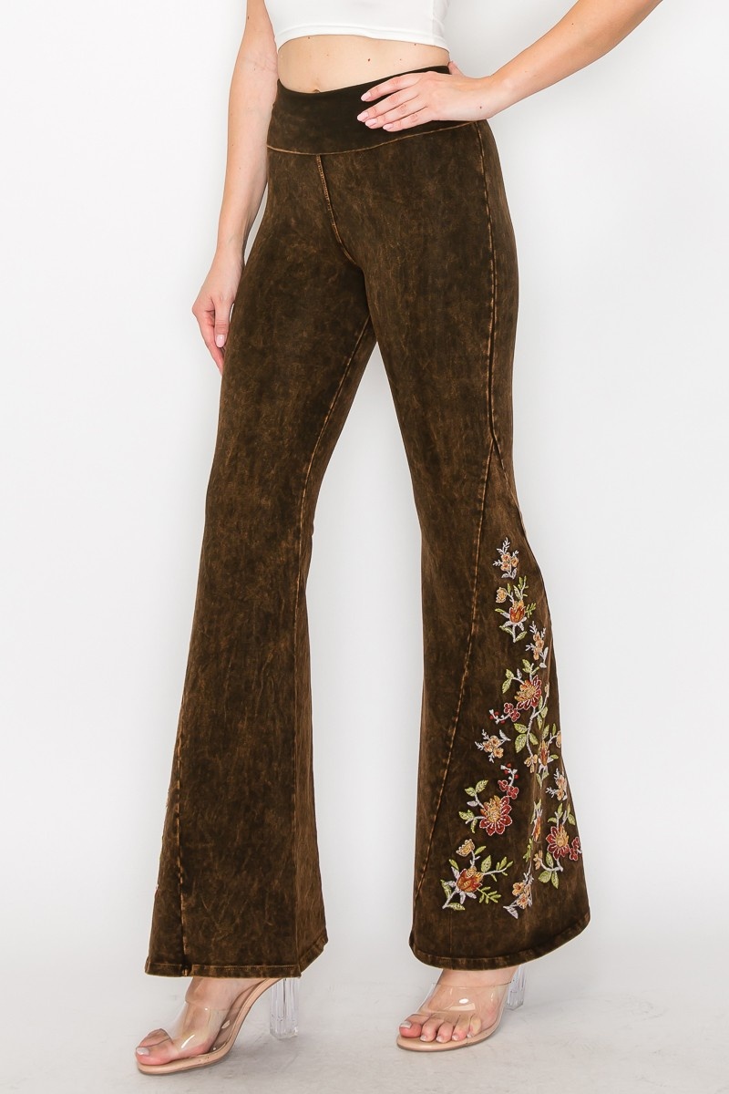 Fantastic Floral Mineral Wash Embroidered Flare Pants - Virtue Boutique