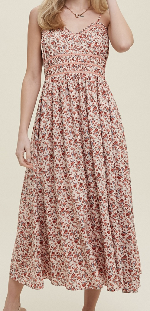 Wishlist "Cali-Floral Dreaming" Red Floral Piping Detail Midi Dress