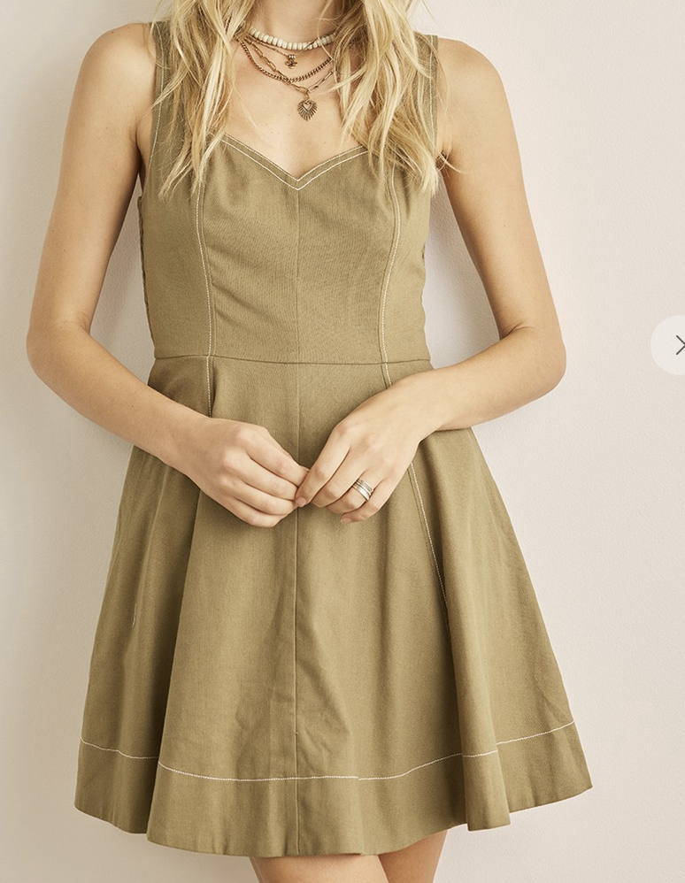 In February "Comfy Cottage" Fit and Flare Contrast Stitch Linen Dress