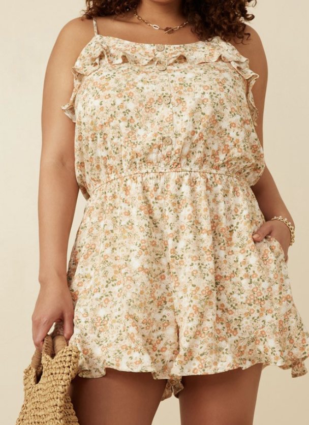 Hayden Plus "Buttery Fields" Floral Button Detail Ruffle Tank Plus Romper