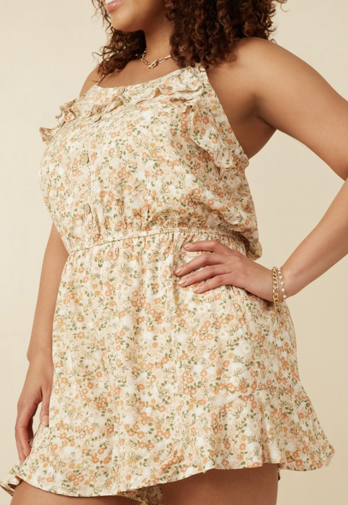 Hayden Plus "Buttery Fields" Floral Button Detail Ruffle Tank Plus Romper