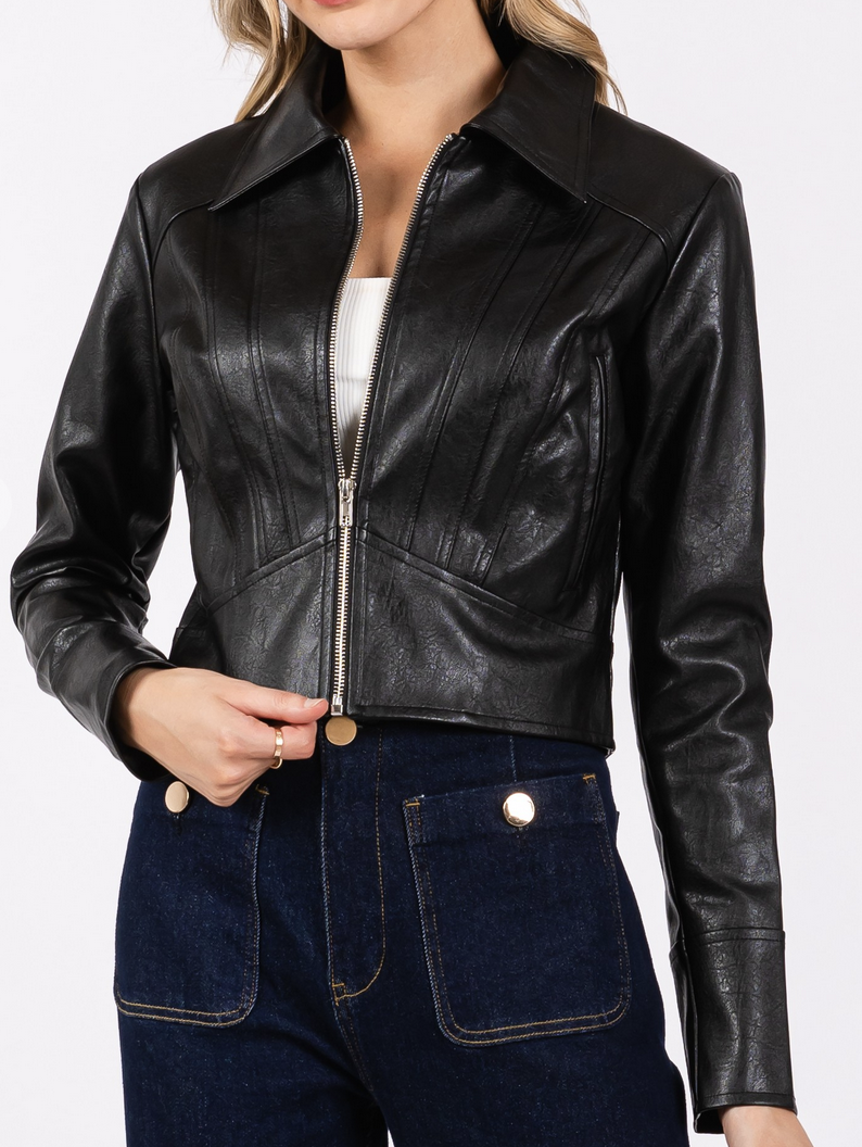 The Vintage Shop "Have Mercy" PU Leather Cropped Jacket