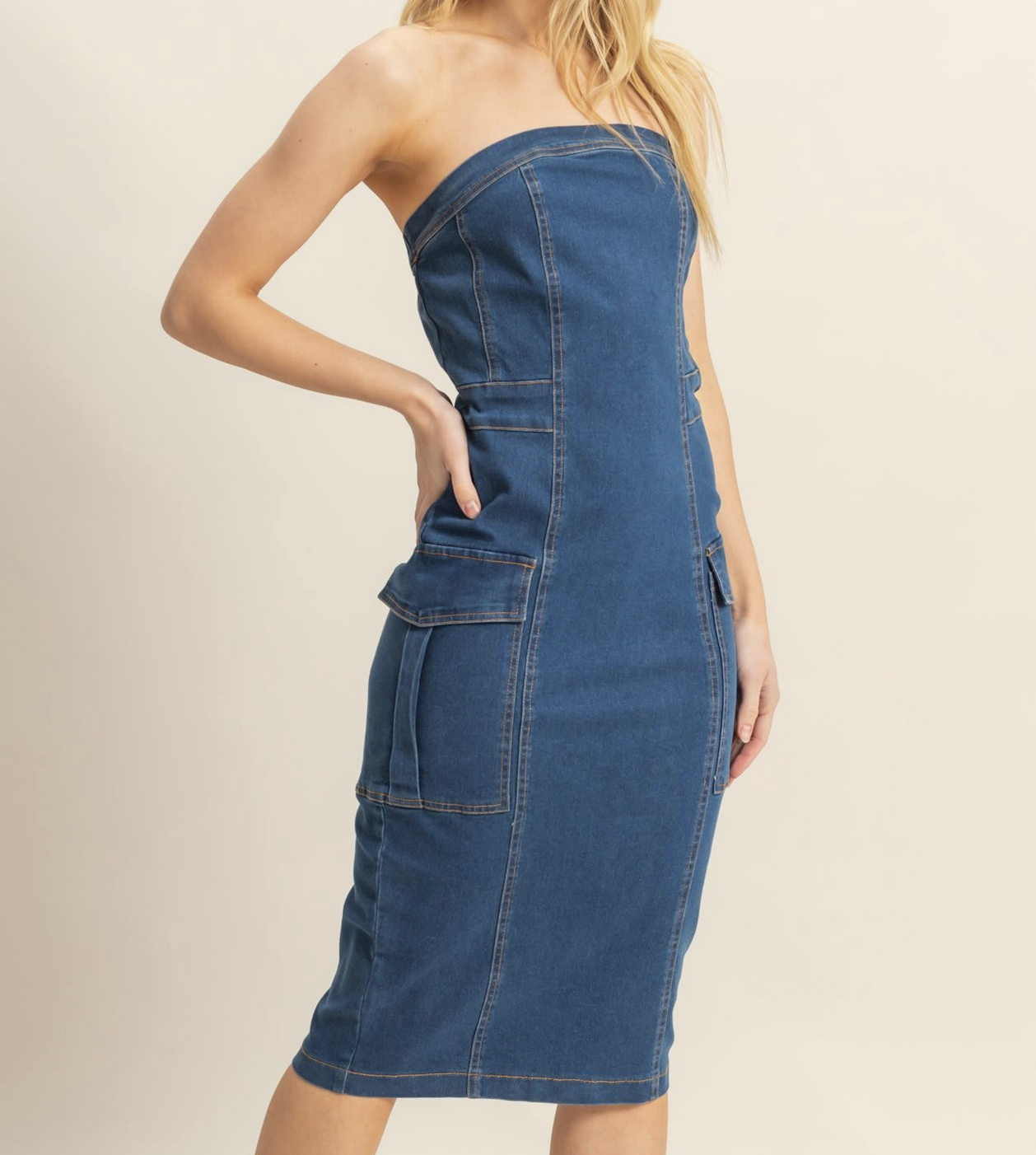 HyFve "Denim Home" Strapless Midi Dress