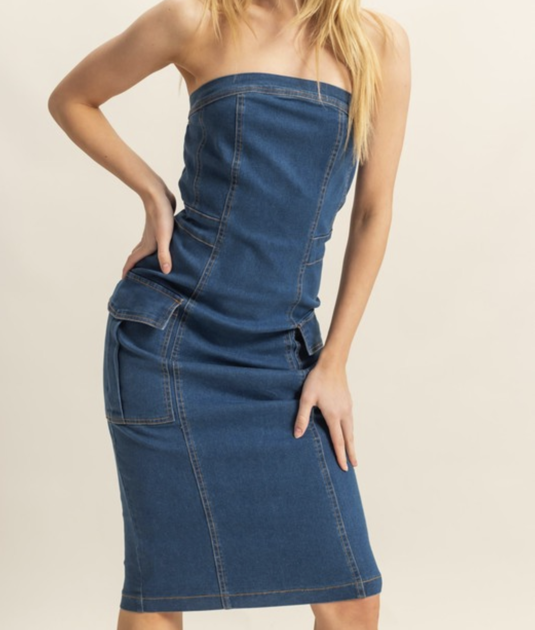 HyFve "Denim Home" Strapless Midi Dress