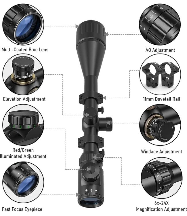 Rifle Scope 6-24x50 AO  Includes Illuminated Red Reticle with 11mm Dovetail Mounts,Includes Blue/Green Lens-for Hunting,Shotguns,and High-Powered,Long-Range Shooting with Rimfire,and Air Guns