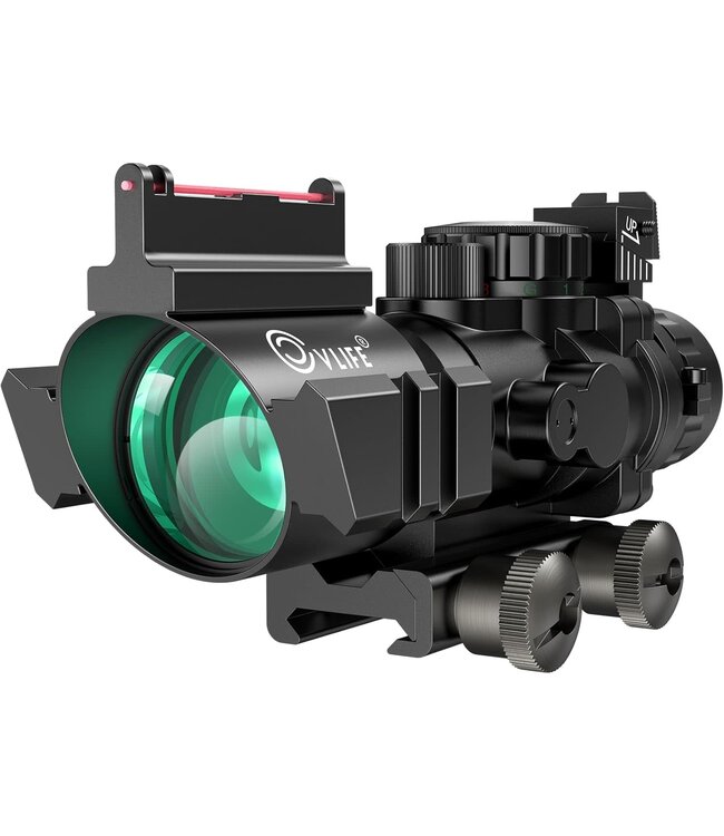 Compact 4x32 Prism Tactical Rifle Scope Red & Green & Blue Illuminated Reticle Scope with Fiber Optic Sight